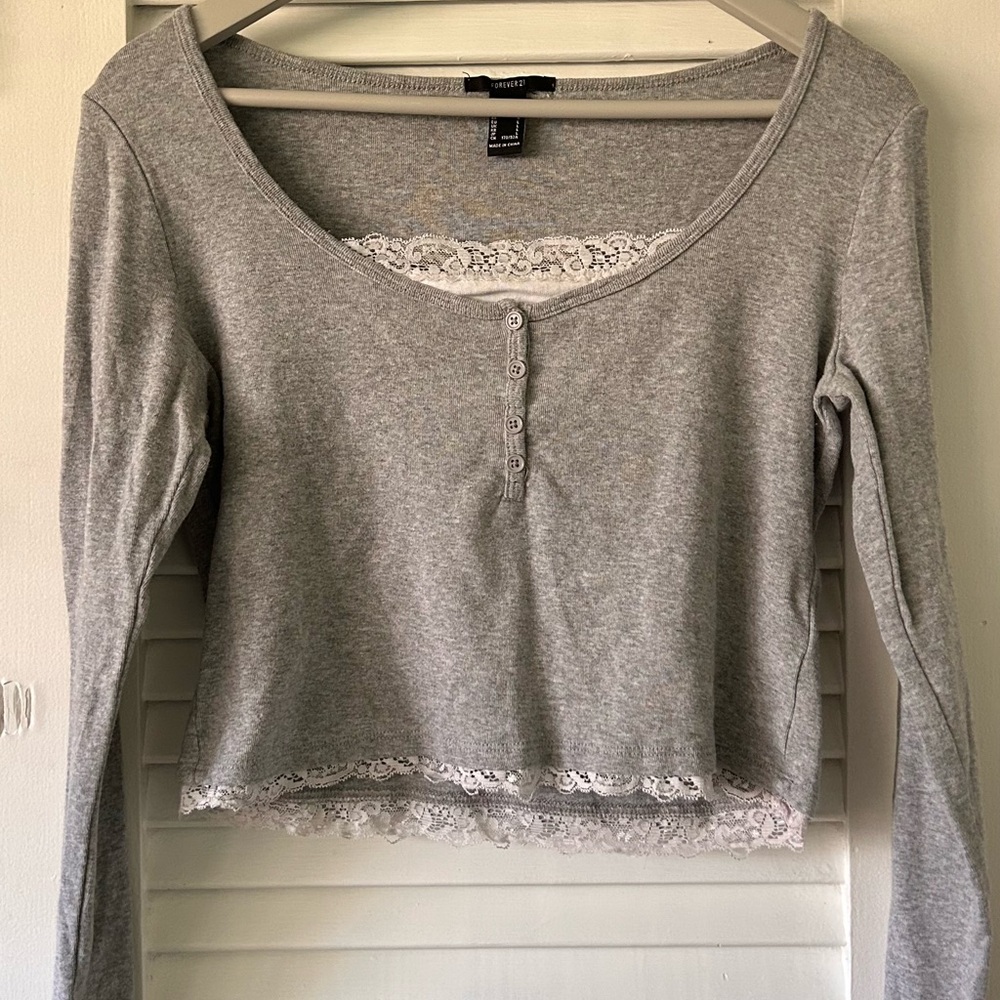 Gray Lace Trim Long Sleeve Top